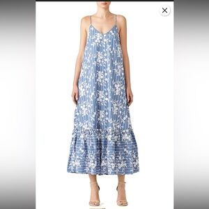 NICHOLAS Blue White Tiered‎ Ruffled Maxi Dress Womens Romantic Cottage